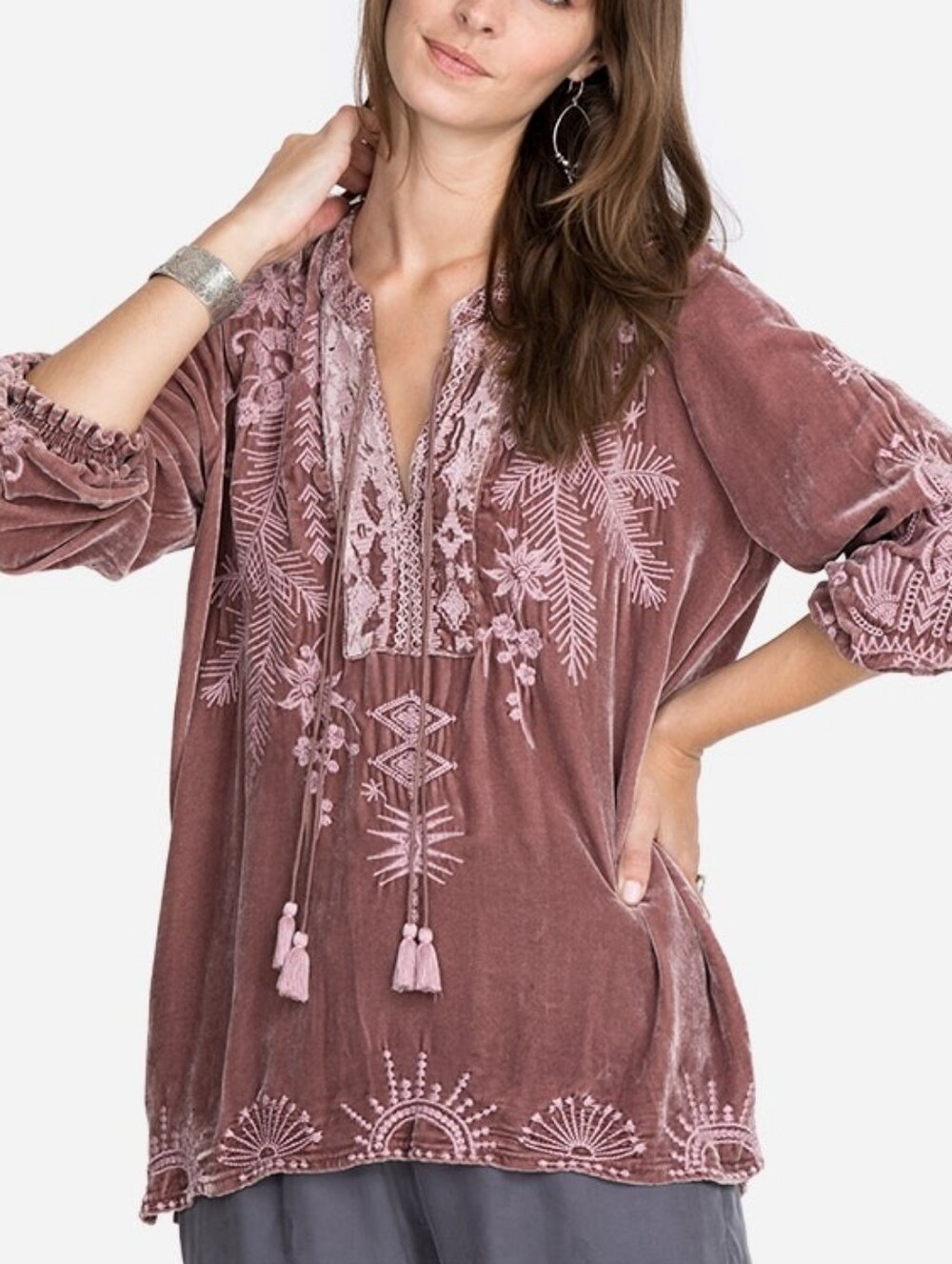Johnny Was Dylan Mauve Velvet Tunic with Pink Floral Embroidery Size Medium NWOT